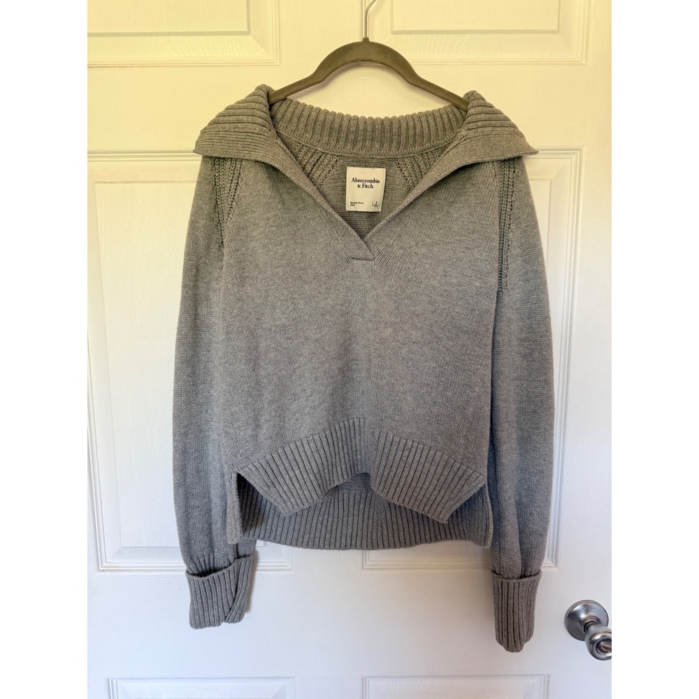 Abercrombie & Fitch Women Gray V-Neck Collared Pullover Sweater Size S Raglan